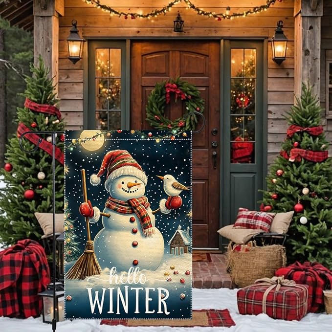 Hello Winter Garden Flag 12x18 Inch Double Sided Burlap Snowman Outdoor Yard Flag Holiday Christmas House Flag Seasonal Winter Welcome Banner Small Cute Lawn Porch Decoration