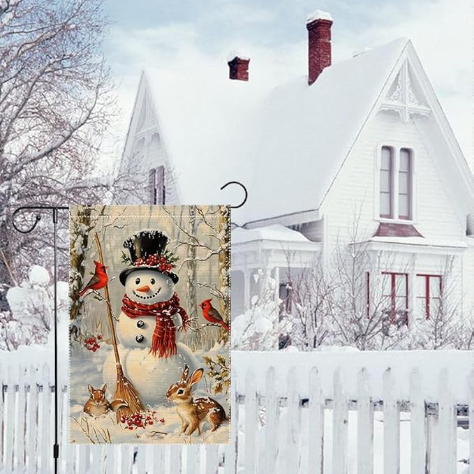 Snowman Garden Flag 12x18 Inch Double Sided Burlap Winter Cardinal Animal Scene Holiday Christmas Yard Flag Small Seasonal Outdoor Welcome Banner for House Porch Lawn Decor