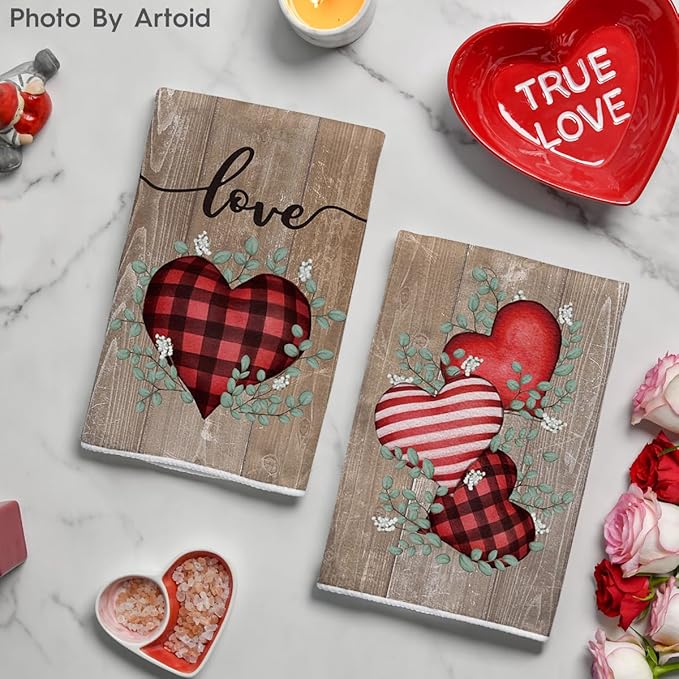 Artoid Mode Wood Heart Love Valentine's Kitchen Towels Dish Towels, 18x26 Inch Farmhouse Wedding Anniversary Decoration Hand Towels Set of 2