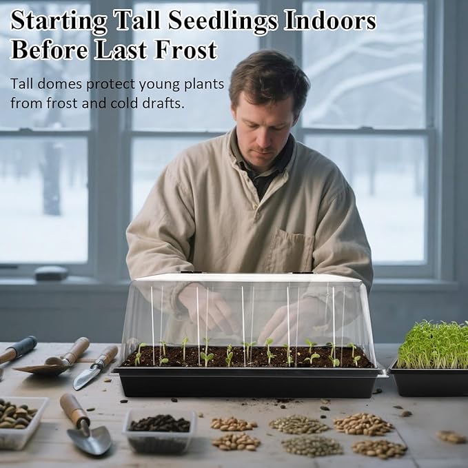 1020 Trays with Tall 7.3'' Dome, 10-Pack Extra Large Seed Starter Tray with Humidity Domes, Heavy Duty 1020 Seed Trays and Flats with Lid, Seed Germination Mini Greenhouse No Hole for Balcony Garden