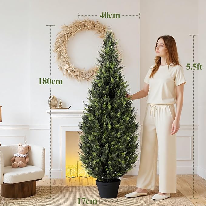 ZEEOZE 6FT Artificial Cedar Topiary Trees (1 Pack) - UV Resistant Faux Evergreen Shrubs Extra Dense Foliage Realistic Fake Pine Cypress Plants Easy Assembly for Front Porch Garden Indoor Office Decor