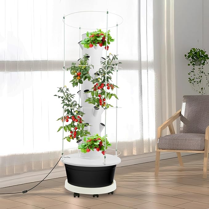 Hydroponic Growing System, 28-Plant Vegetable Planter Tower Climbing Trellis, Outdoor Indoor Garden Vertical Planter Germination Kit with Water Pump, Intelligent Water Circulation & Timer Function