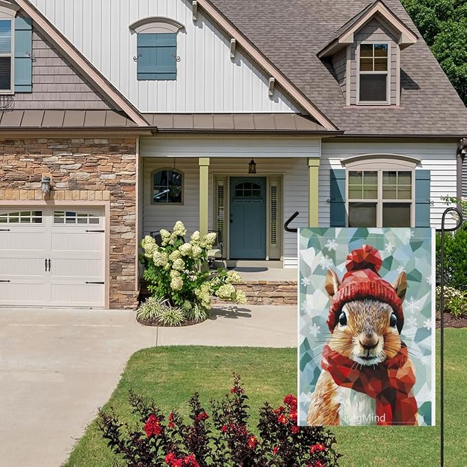 Squirrel with Red Scarf and Hat Snowflake Christmas Garden Flag, 28x40 Inch Double Sided Linen Holiday Red Winter Farmhouse Yard Outdoor Decoration (4320)