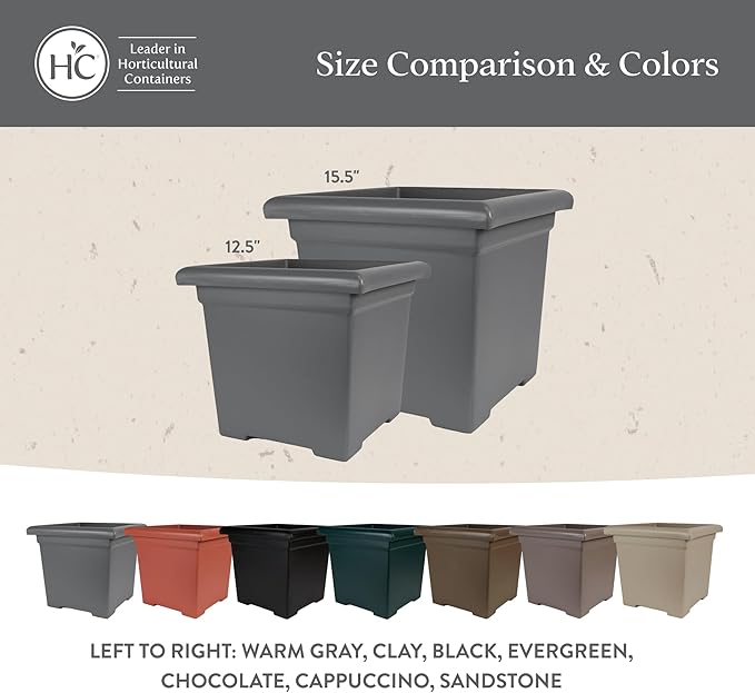 The HC Companies Accent Square Plant Pot w/Drainage - Classic Planters for Outdoor Plants & Indoor Plants - Lightweight & UV-Resistant Square Planter Box (12.5”, Clay, Pack of 1)