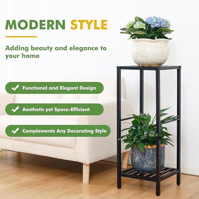 Party Zealot 2-Tier Tall Metal Square Plant Stand 31” Heavy-Duty Modern Flower Pot Rack for Indoor Living Room, Corner Side Table for Outdoor Patio, Garden, and Balcony, Black