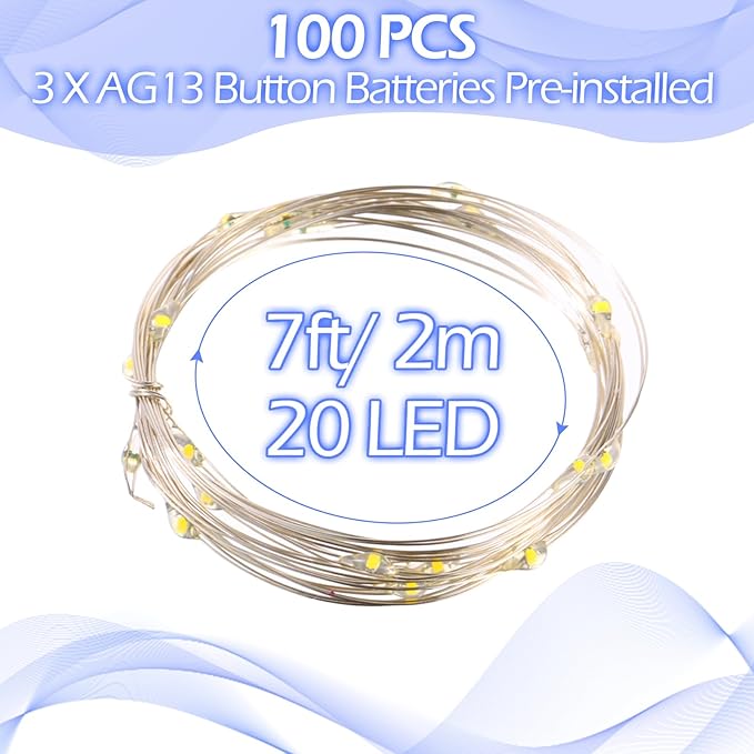 Hortsun 100 Packs Fairy Lights Battery Operated 3 Speed Modes, 7 Ft/ 2 M 20 LED Battery String Mini Waterproof Wire Twinkle Lights Bulk for Wedding Party Birthday Vases Decor (Cool White)