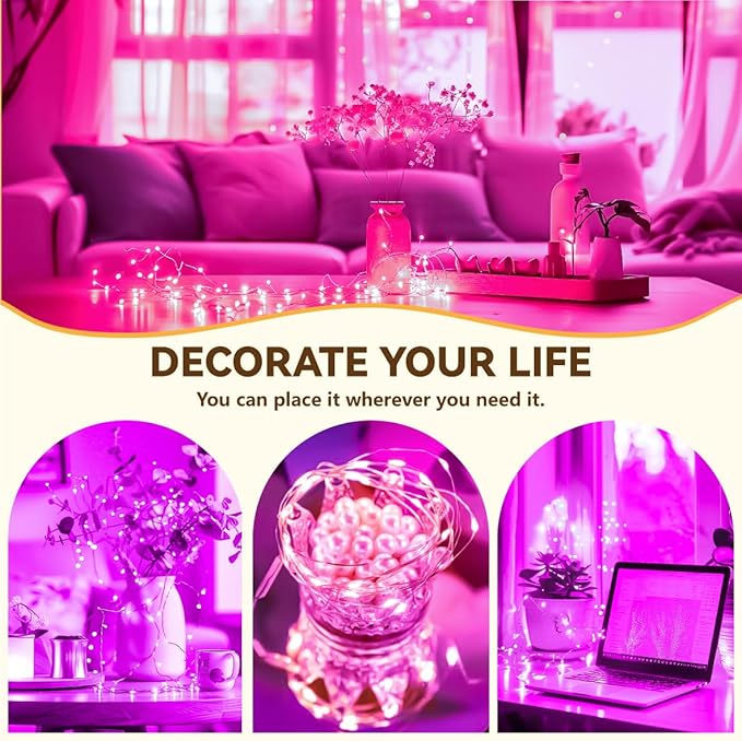 HXWEIYE Rechargeable Fairy Lights Battery Operated, DIY Timer & 8 Modes, 2 Pack 16FT 50LED Twinkle String Lights Indoor, Led mini Lights for Bedroom Wedding Dorm Christmas Tree Decor (Pink)