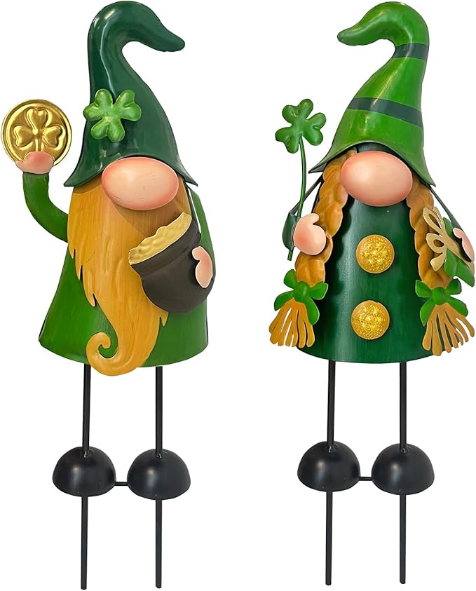 HONGLAND 18 Inch St Patricks Day Decorations Outdoor Gnome Décor, 2Pc Metal Gnomes Figurine with Green Shamrock, Irish Leprechaun St Patrick's Day Decor for Home Outside Garden Lawn Party Yard Patio