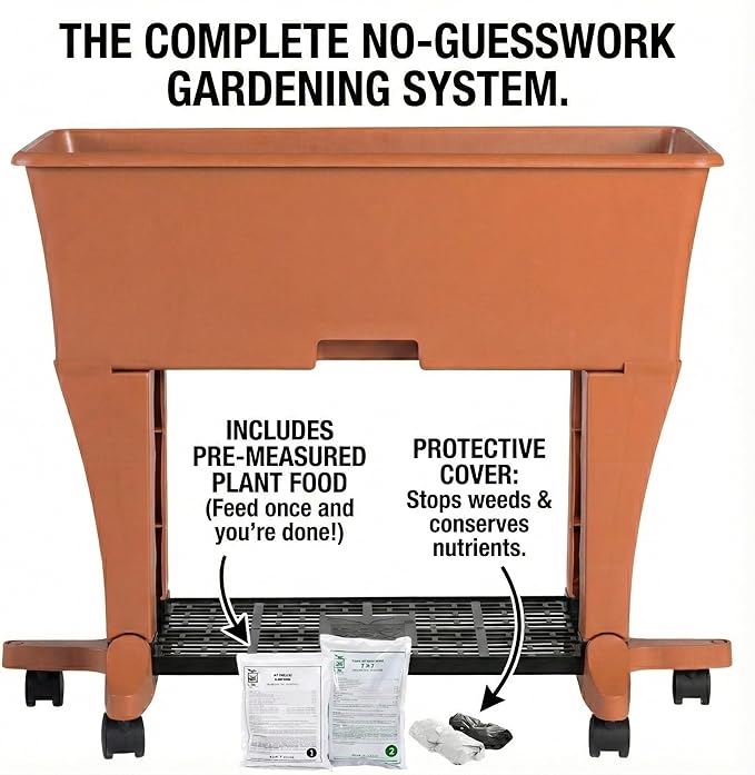 EarthBox Raised Garden Bed with Legs – Elevated Self Watering Planter Box with Wheels, Storage Shelf, Premium Plant Food, Easy Assembly, Made in USA, Terra