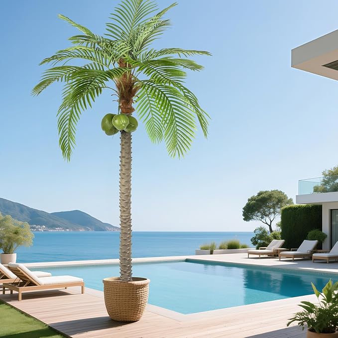 Artificial Phoenix Palm Tree with Coconut Fruit Outdoor Indoor Decor Large Faux Coconut Silk Palm Tree Tropical Fake Tree Large Faux Sago Palm Plant for Home Yard Outside (8 FT)