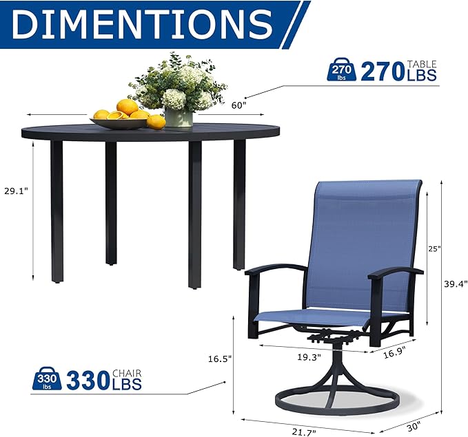 9 Pieces Outdoor Table and Chairs for 8, 60" Black Round Table with 8 Blue Swivel Chairs, Patio Set with Swivel Chair, Garden Tables for Outdoor, Patio Dining Set for Lawn Backyard Poolside