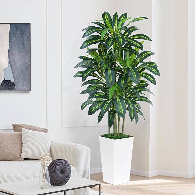 Keeplush 6FT Artificial Dracaena Tree - High-Density Foliage Fake Plant with White Tall Planter - Faux Yucca Floor Plant for Home Office Decor Indoor