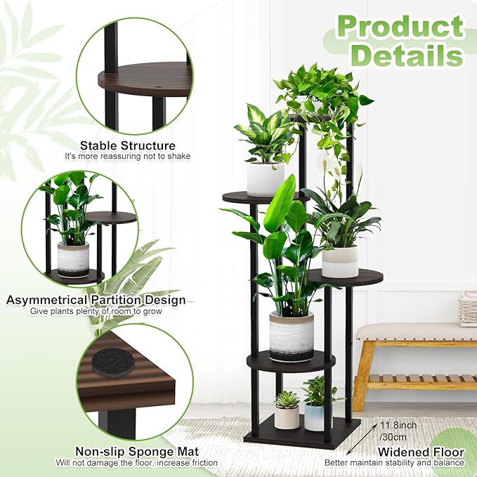 YOCOMEY 5 Tier Wood Tall Plant Stand Metal Rack Indoor, Multiple Flower Pot Holder Shelves Corner Rack, Round Planter Shelf Display Rack Storage Organizer for Patio Living Room Balcony(Black Oak)