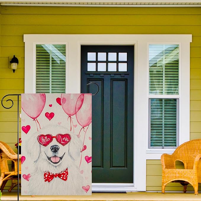 Valentine's Day Great Pyrenees Hello Love Garden Flag, House Yard Plaid Love Heart Outside Decoration, Spring Holiday Wedding Anniversary Outdoor Small Decor 12x18(12629)