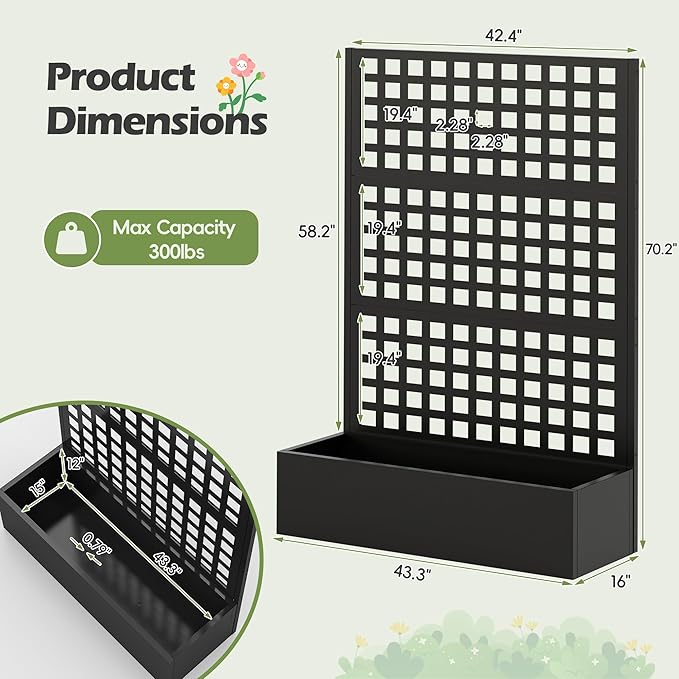 Metal Raised Garden Bed with Trellis, Vegetable and Flower Garden Boxes, Black Planter Box with Trellis for Climbing Plants Vegetable Outdoor Indoor, Large 1Pc