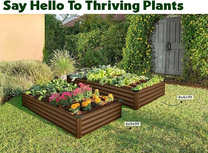 Plant & Plot Galvanized Raised Garden Beds Outdoor // 8×4×1 ft Planter Raised Beds for Gardening, Vegetables, Flowers (Dark Wood Grain) // Large Metal Garden Box // Patented Tool-Free Design
