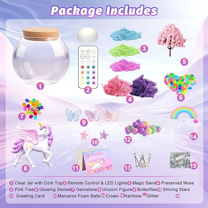Unicorn Light-Up Terrarium Kit for Kids - Multicolor LED Night Light Birthday Gifts - Unicorn Toys for Girls Ages 4-6 7 8 9 10 Year Old - Kids Arts and Crafts Kit
