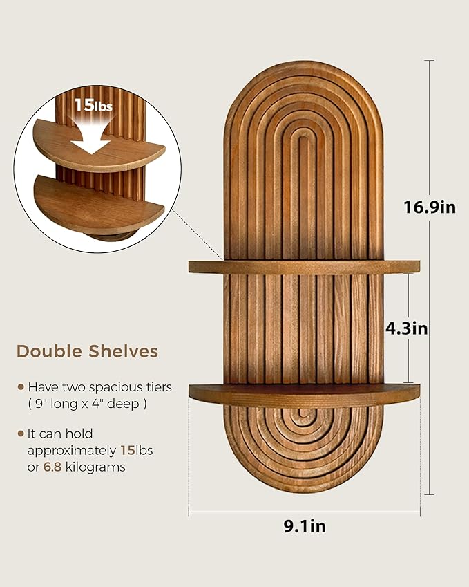Bamworld Boho Wall Decor Brown Plant Wall Shelf, Mid Century Modern Decor Hanging Plant Shelf, 2-Tier Wooden Floating Shelves for Home, Bathroom Bedroom Living Room, Office Planter Decoration 2 pcs