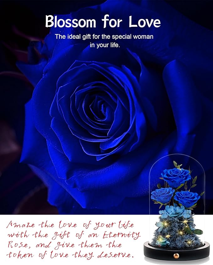 DENIMOMO Flowers Roses Gifts for Women Her,Forever Preserved Rose in Glass Dome, Valentines Anniversary Birthday Real Roses Gifts for Wife Women Girlfriend Best Friend/Blue