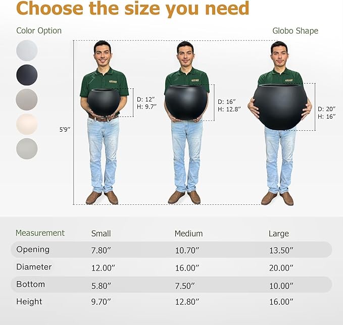 KUTE NEST 16" H x 20" D Globo Fiberstone Round Planter with Drainage Hole, Smooth Finishes, Weather Resistant for Indoor and Outdoor Use, Included 2 Extra Coco Mats (Black, 13.5" Pot Opening)