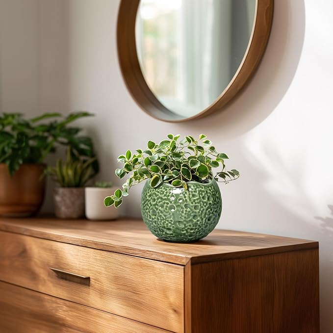 Thirtypot Ceramic Plant Pots - 4 inch Plant Pot with Drainage Hole, Small Pots for Plants Indoor Outdoor, Unique Round Planter, Modern Decorative Flower Pot, Room Decor, House Warming Gifts, Green