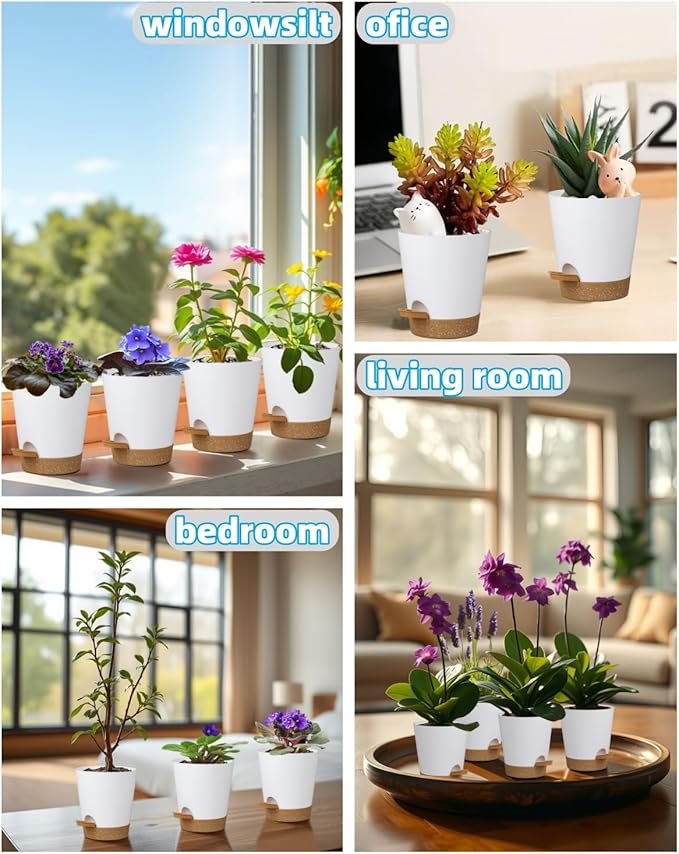 zople 12 Pack 4 Inch Self Watering Plant Pots with Drainage and Saucers，Plastic Flower Pots for Indoor and Outdoor Plants, Nursery Planters for Houseplants and Herbs White Brown, 4 inch 12pcs