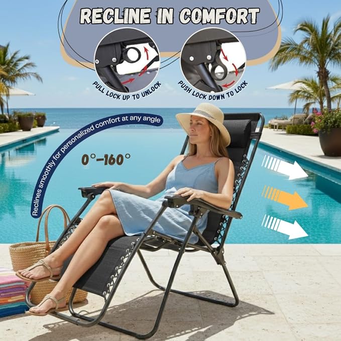 EZONE 1 - Chair Zero Gravity Lounge Chair Outdoor Adjustable Reclining Patio Chair Steel Mesh Folding Recliner for Pool Beach Camping Lounge Chair with Pillow and Cup Tray (1, Black)