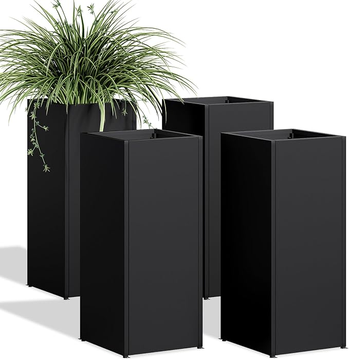 LAHAAP Set of 4 Planter Box Outdoor 30" H x 14.4" W x 13.6" D- Tall Planters for Outdoor Patio/Porch, All-Weather with Anti-Dumping Kit, Durable Galvanized Steel, Modern Design for Plants, Flower
