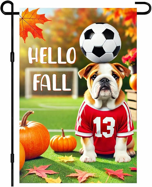 Hello Fall Garden Flag Bulldog Soccer Ball Pumpkins Autumn Leaves Outdoor Decor Flag 12x18 Inch Double Sided Garden Flag For Front Porch Lawn Patio Seasonal Home Decoration For Outside