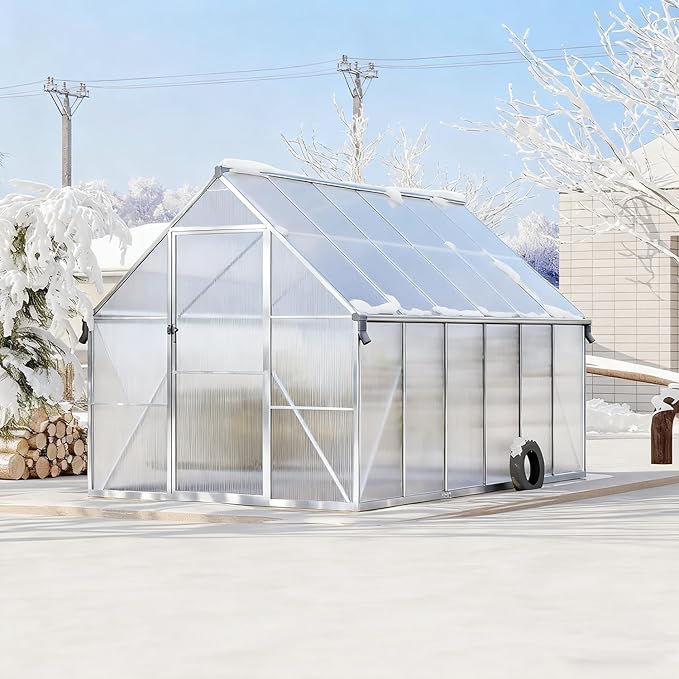 8x12ft Greenhouses for Outdoors, Polycarbonate Greenhouse with Roof Vent, Aluminum Frame Walk-in Greenhouse Kit for Backyard All Seasons Use