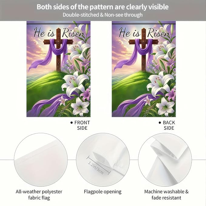Happy Easter Garden Flag 12x18 Inch Double Sided Outside Easter He Is Risen Yard Flag Seasonal Easter Cross Yard Outdoor Decoration Religion Easter Spring Outdoor Outside Decoration