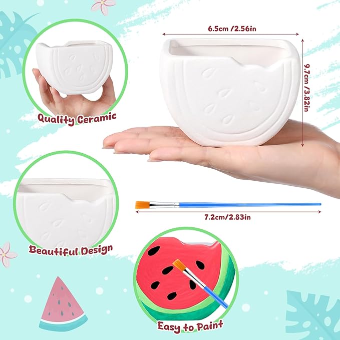 Pasimy 6 Set Ceramics to Paint DIY Ceramic Succulent Planter Pots Paint Your Own Flower Pots Craft Kit Unpainted Bisque Flowerpot with Brush Palette for Family Activity Holiday Gifts(Watermelon)