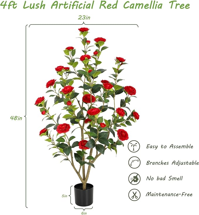 Nafresh 4FT Lush Artificial Red Camellia Tree Outdoor 2 Pack, 48inch Faux Camellia Plant, Fake Camellia Flowers Tree for Indoor Outdoor Living Room Home Patio Front Door Garden Decor