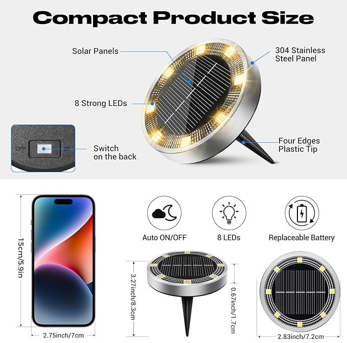 Peasur Mini Solar Ground Lights Outdoor, 4 Pack Flat Solar Powered Disc Lights, IP68 Waterproof, Anti-Rust, Landscape Lighting for Pathway Garden Yard Lawn Walkway Landscape Driveway, Warm White