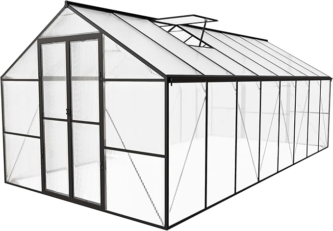 8 x 16 FT Outdoor Greenhouse, Heavy-Duty Polycarbonate Greenhouse with Aluminum Frame, Lockable Door, Adjustable Roof Vent, Walk-in Green House for Backyard, Garden, Patio