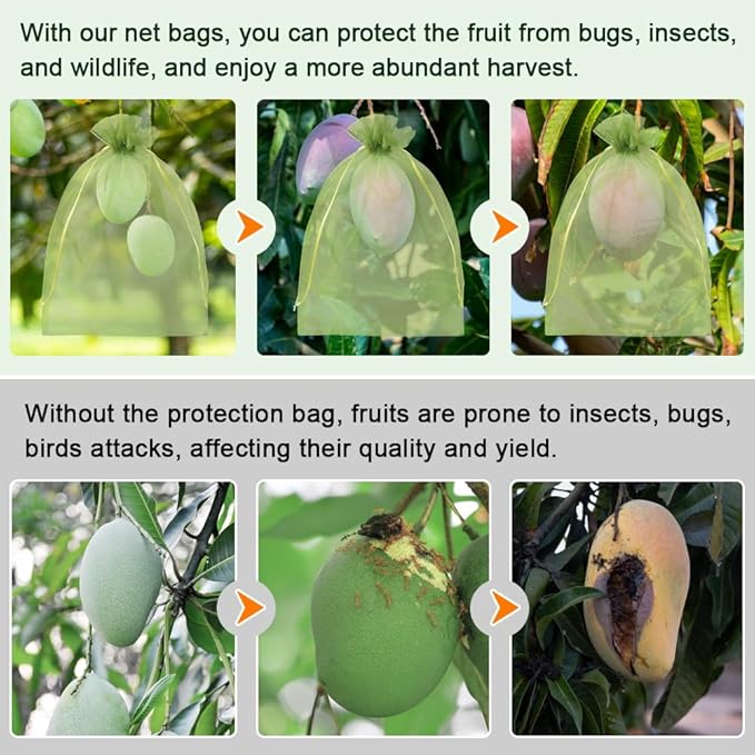 Shintop 100Pcs Fruit Protection Bags, 8x12 Inch Green Grape Netting Cover Drawstring Mesh Bags Pest Barrier for Fruit Trees Flower
