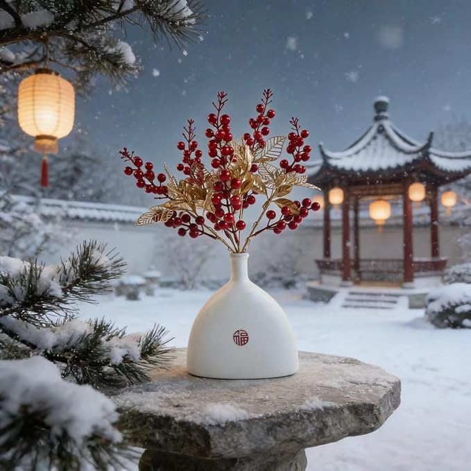 KYMY Chinese & Vietnamese Lunar New Year Artificial Berry Branch – 2026 Red Holly Berries Stems with Gold Leaves, 15.7 Inch Spring Festival Floral Picks for Vase Table Home Decor