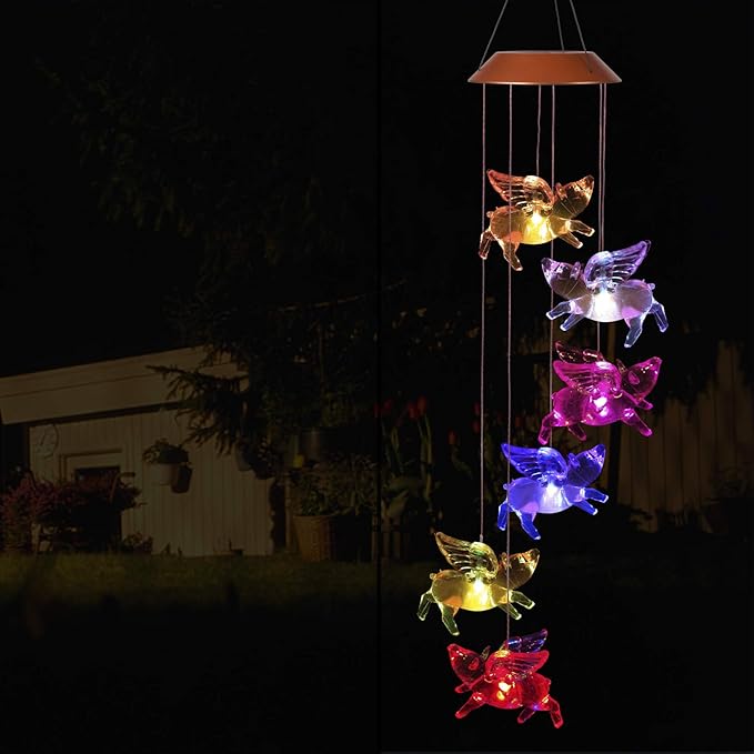 xxschy LED Solar Fly Pigs Wind Chimes Outdoor - Waterproof Solar Powered LED Changing Light Color 6 Flying Pigs Mobile Romantic Wind-Bell for Home, Party, Festival Decor, Night Garden Decoration