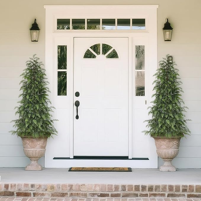 5FT Real Touch Cedar Topiary Trees for Front Porch Decor, Artificial Shrubs Faux Plants Potted UV Resistant Fake Greenery for Outdoor Indoor Door Garden Farmhouse Home Decoration (Set of 2)