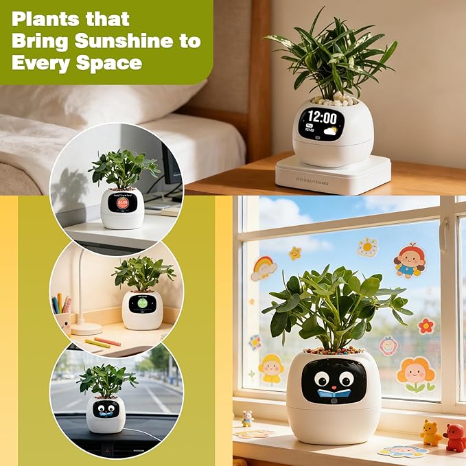 Plantsio AI Smart Pot for Plants with App Control, Self-Watering, Visual Display & 80ml Reservoir, Digital Plant Pot Supports 100+ Plants, Pomodoro Timer, Clock & Calendar,Desk & Office Planter-White