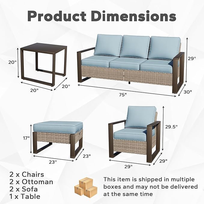 Joyside Outdoor Patio Chairs, 7 Pieces Wicker Rattan Furniture Set, 2 Patio Chairs, 2 Sofa, 2 Ottoman and 1 Table, Metal Wide Armrest, Thick Cushions and Deep Seating for Garden, Backyard, Porch