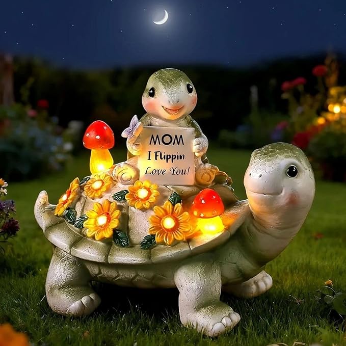 Solar Turtle Garden Statue 7.5 inches, I Flippin Love You Tortoise Figurine with 7 LED Lights, Outdoor Lawn Decor for Patio, Yard, Balcony, Birthday for Mom, Grandma, Women