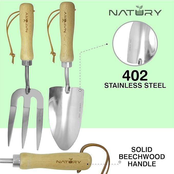 Natury Garden Tools Set – Premium Stainless Steel Gardening Hand Tools with Solid Beechwood Handle – Gardening Kit with Rake, Shovel, Gloves, Shears, Tool Organizer – Garden Gifts for Women and Men