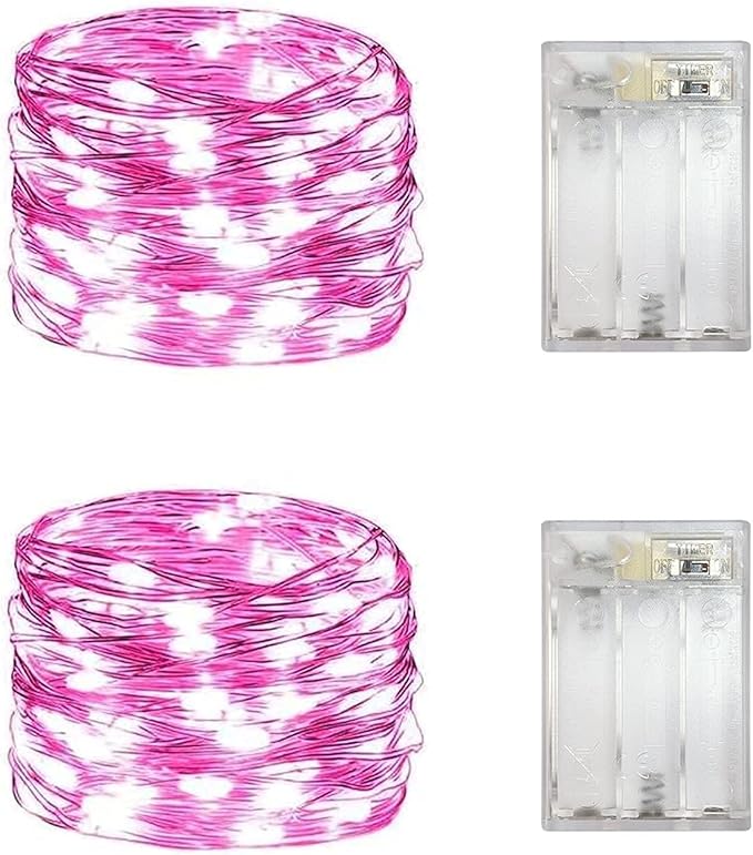 2 Pack Battery Operated Mini Lights,Indoor Led Fairy Lights with Timer 6 Hours on/18 Hours off for Wedding Party Decorations,50 Count Leds,18 Feet Silver Wire (Pink)