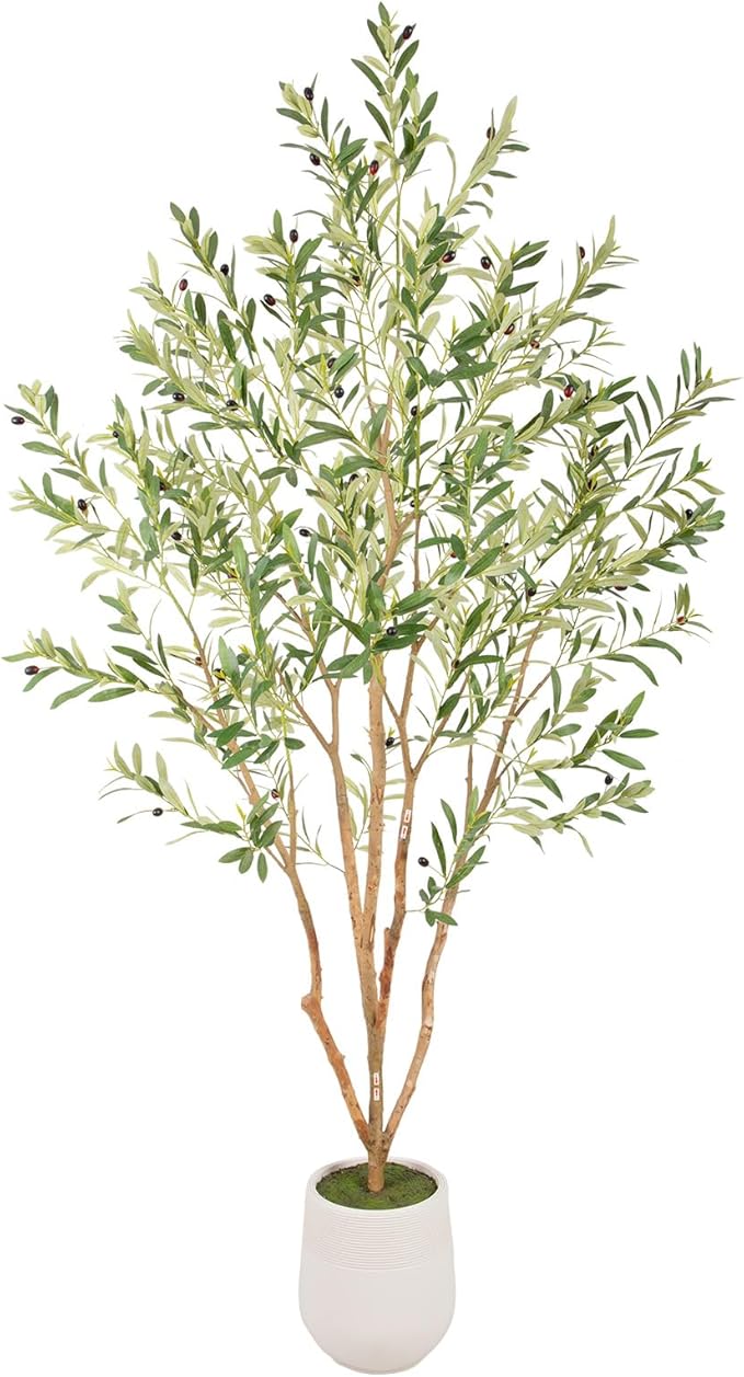 Bellacat 7ft Super Fuller Faux Olive Tree with White Decorative Planter & Multiple Real Wood Trunks, 84in Artificial Olive Tree with Realistic Fruits, Fake Olive Tree for Indoor & Outdoor Décor