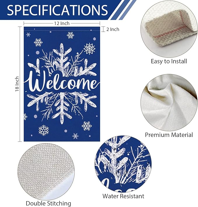 Heyfibro Welcome Christmas Winter Garden Flag 12x18 Inch Double Sided Burlap, Snowflake Yard Banner for Seasonal Holiday Xmas Outdoor Decoration(ONLY FLAG)