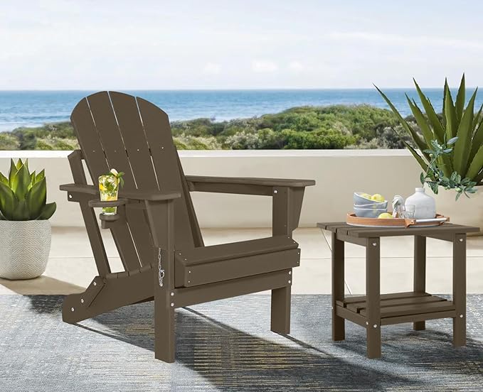 Folding Adirondack Chairs Set of 4 - Plastic Adirondack Chairs with Cup Holder, Weather Resistant for Outdoor, Patio, Lawn, Garden, Backyard Deck, Fire Pit - Dark Brown