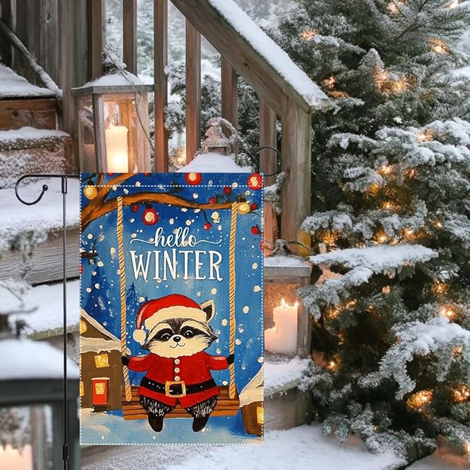 Hello Winter Garden Flag 12x18 Inch Double Sided Burlap Cute Raccoon in Santa Suit on Swing Christmas Holiday Outdoor Decor for Yard Porch Lawn Winter House Decoration