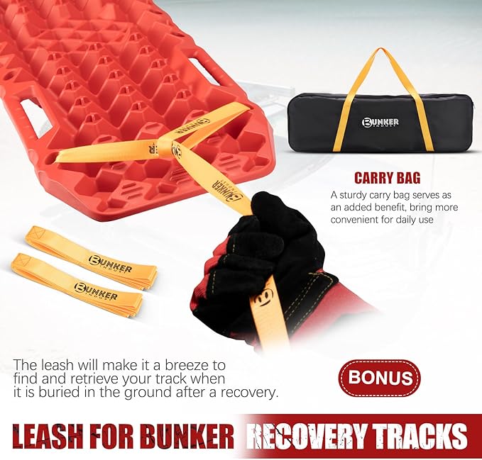 BUNKER INDUST Off-Road Traction Boards with Jack Base,Pair Recovery Track 4X4 Jeep Truck Emergency Tire Traction Mat with Bag -Sand, Mud, Snow Tracks Red Traction Pad (Gen 7th)