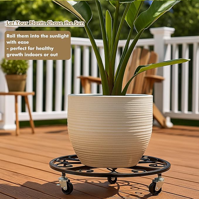 4 Pack Plant Caddy with Wheels 18 Inch Rolling Plant Stand for Large Plants Heavy Duty Plant Rollers Metal Plant Dolly Rustproof Planter Stand Wrought Iron Plant Stands Flower Cart Outdoor
